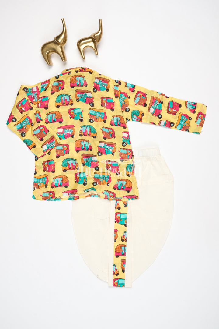 The Nesavu Boys Dothi Set Boys Yellow Kurta with Rickshaw Print and Off-White Dhoti Set for Festive Celebrations Nesavu Nesavu Boys Yellow Kurta Off-White Dhoti Set Rickshaw Print Festivals Special Occasions