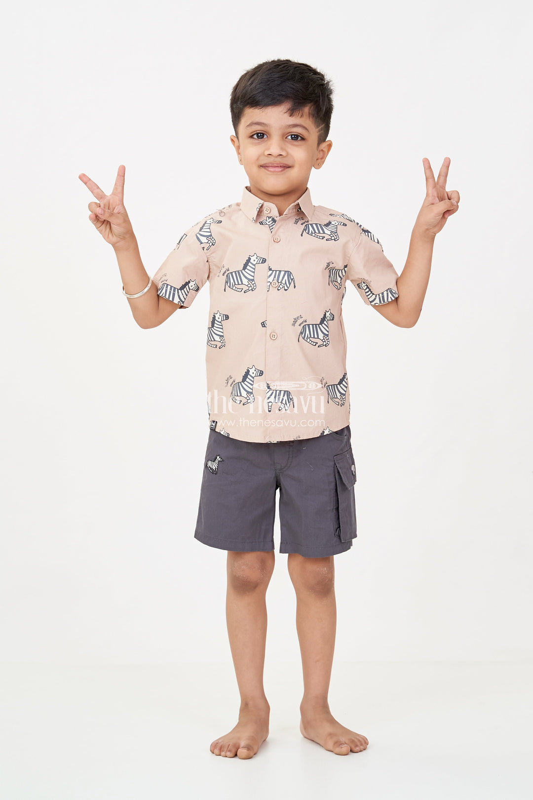 The Nesavu Boys Casual Set Casual Beach Wear for Boys with Zebra Printed Shirt and Black Cargo Shorts in Lightweight Cotton Nesavu 20 (3Y) / Beige BCS254A-20 Nesavu Boys Casual Beach Wear Zebra Cotton Shirt Black Drawstring Shorts