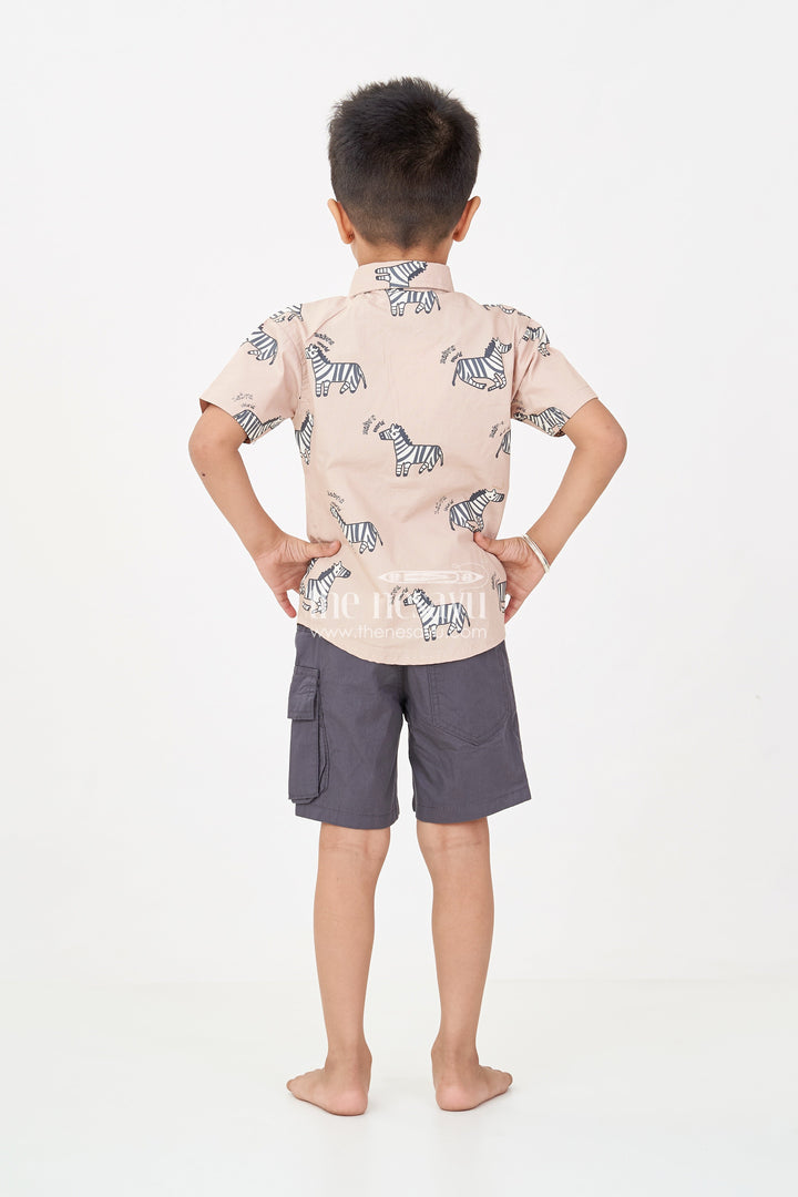 The Nesavu Boys Casual Set Casual Beach Wear for Boys with Zebra Printed Shirt and Black Cargo Shorts in Lightweight Cotton Nesavu Nesavu Boys Casual Beach Wear Zebra Cotton Shirt Black Drawstring Shorts