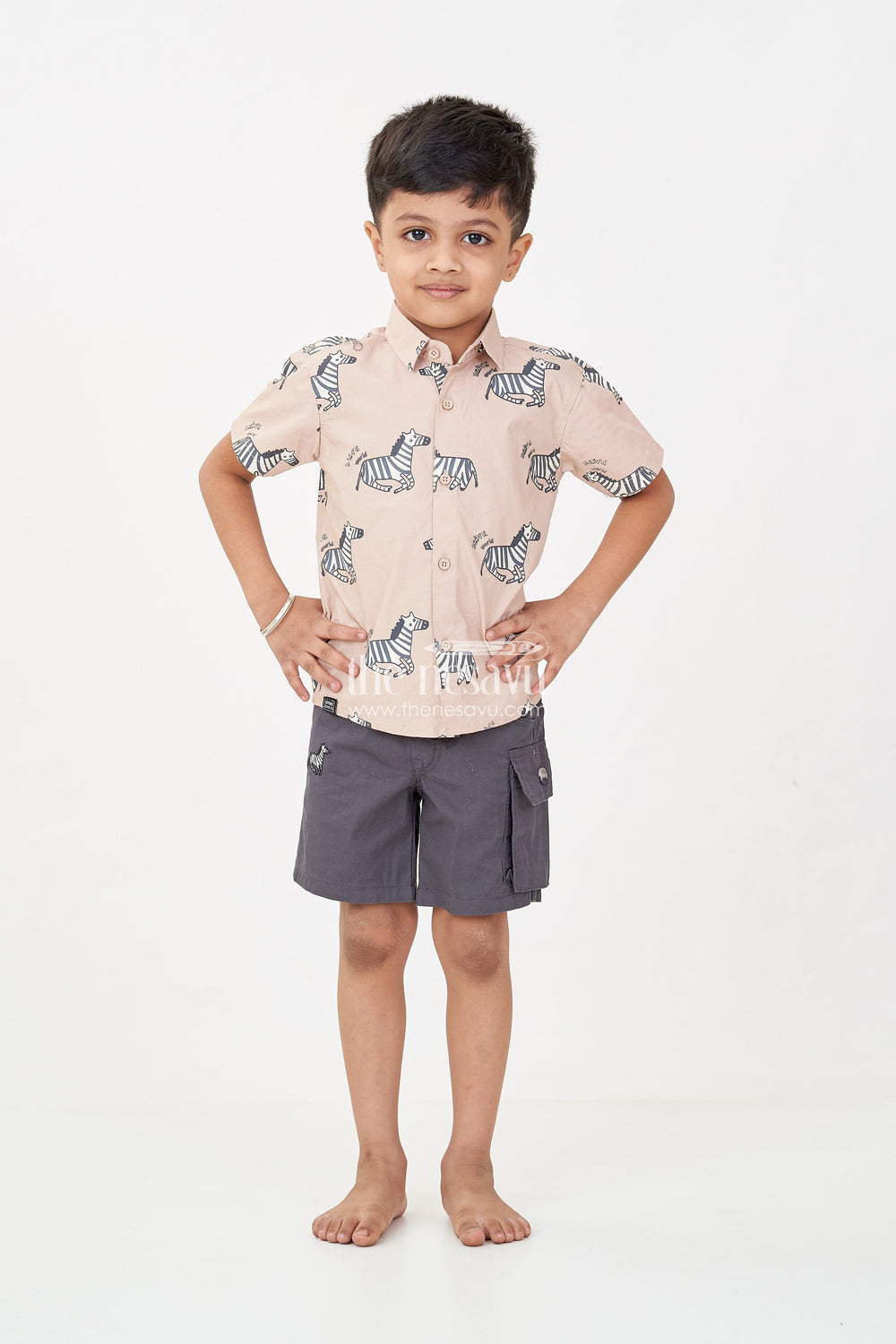 The Nesavu Boys Casual Set Casual Beach Wear for Boys with Zebra Printed Shirt and Black Cargo Shorts in Lightweight Cotton Nesavu Nesavu Boys Casual Beach Wear Zebra Cotton Shirt Black Drawstring Shorts