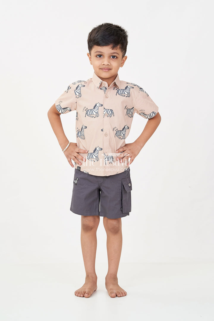 The Nesavu Boys Casual Set Casual Beach Wear for Boys with Zebra Printed Shirt and Black Cargo Shorts in Lightweight Cotton Nesavu Nesavu Boys Casual Beach Wear Zebra Cotton Shirt Black Drawstring Shorts