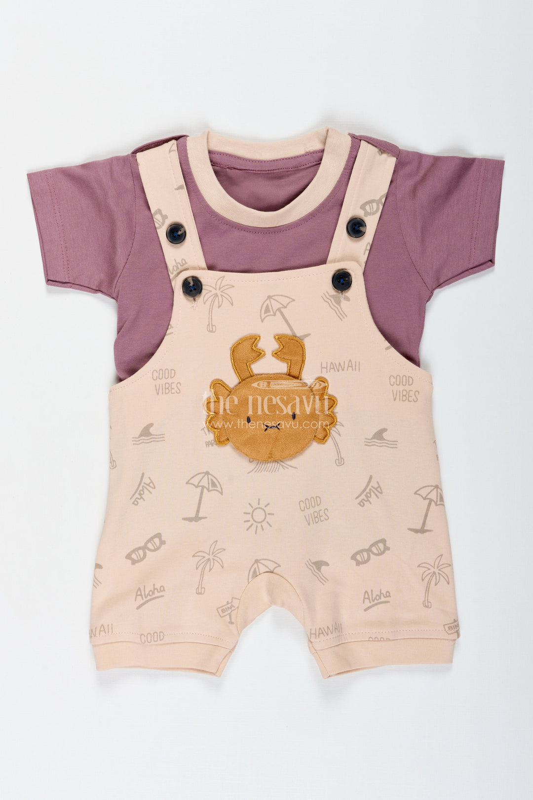 The Nesavu Boys Casual Set Casual Colorful Dress for Boys in Soft Cotton with Lion Embroidery and Contrast Tee Dungaree Set Nesavu 14 (6M) / Beige BCS295B-14 Nesavu Cotton Casual Colorful Dress Boys Lion Embroidery Matching Plum Tee