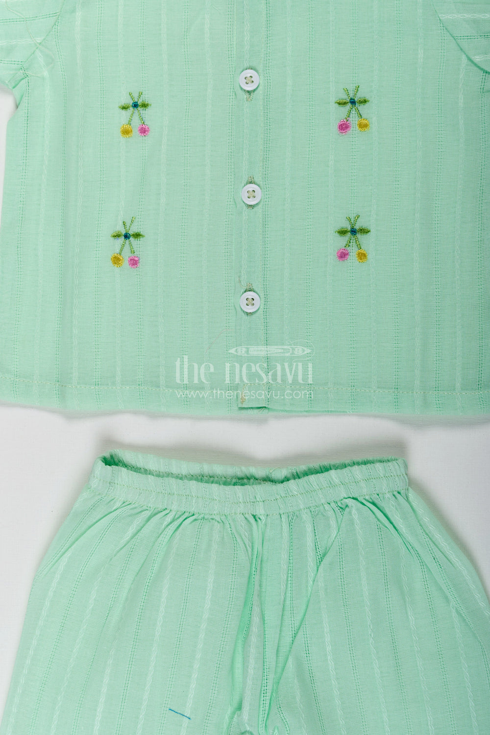 The Nesavu Baby Casual Sets Casual Dress Cute Baby Set in Light Green Cotton with Embroidered Motifs and Coordinated Shorts Nesavu Nesavu Cute Baby Casual Dress Set Light Green Cotton Embroidery Matching Shorts