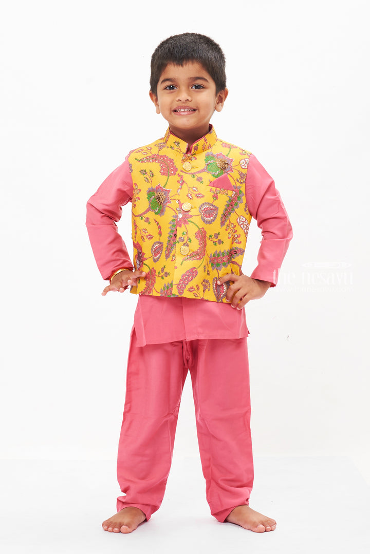 The Nesavu Boys Jacket Sets Ceremonial Marigold Majesty: Boys Festive Kurta & Pant Set Nesavu 14 (6M) / Purple / Blend Silk BES511A-14 Shop Boys Purple Kurta Pant Jacket Set for Ugadi, Tamil New Year | The Nesavu