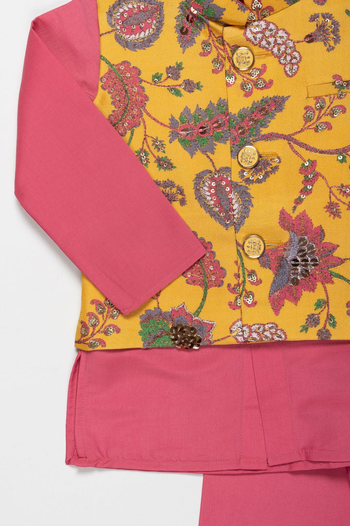The Nesavu Boys Jacket Sets Ceremonial Marigold Majesty: Boys Festive Kurta & Pant Set Nesavu Shop Boys Purple Kurta Pant Jacket Set for Ugadi, Tamil New Year | The Nesavu