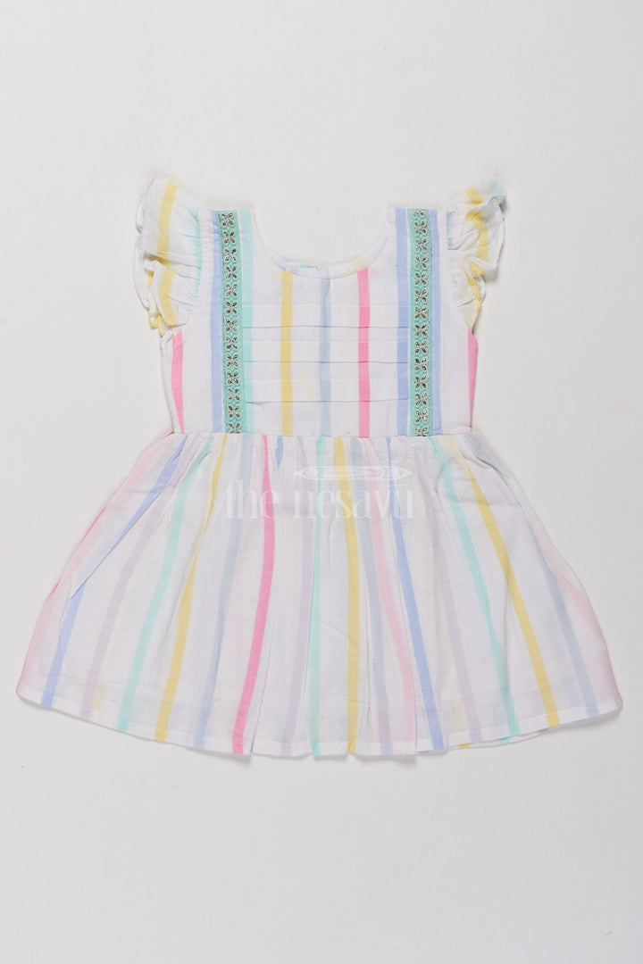 The Nesavu Girls Cotton Frock Charming Girls Short Party Frock in Pastel Stripes with Ruffled Sleeves Nesavu 16 (1Y) / Multicolor GFC1475A-16 Pastel Striped Girls Short Party Frock Ruffles Comfortable Cotton Dress Nesavu