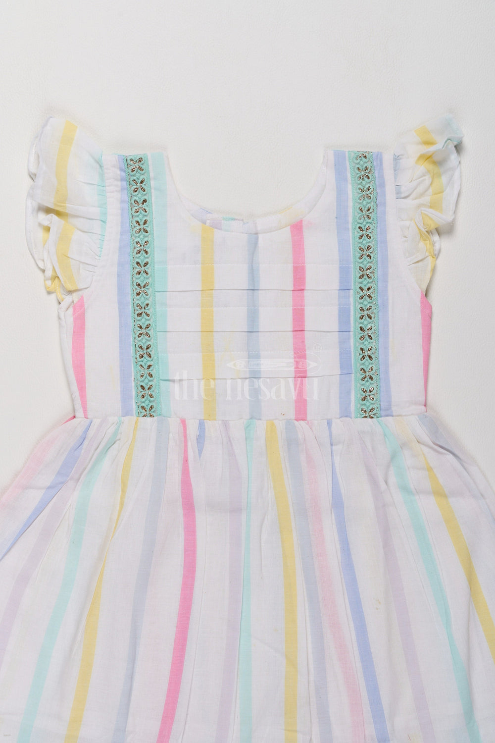 The Nesavu Girls Cotton Frock Charming Girls Short Party Frock in Pastel Stripes with Ruffled Sleeves Nesavu Pastel Striped Girls Short Party Frock Ruffles Comfortable Cotton Dress Nesavu
