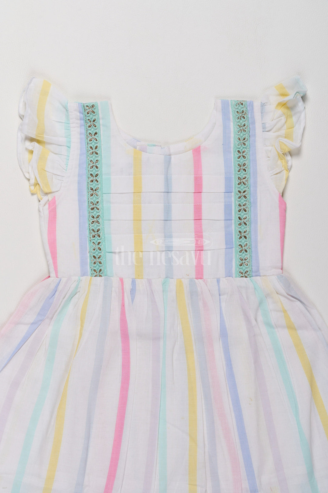 The Nesavu Girls Cotton Frock Charming Girls Short Party Frock in Pastel Stripes with Ruffled Sleeves Nesavu Pastel Striped Girls Short Party Frock Ruffles Comfortable Cotton Dress Nesavu