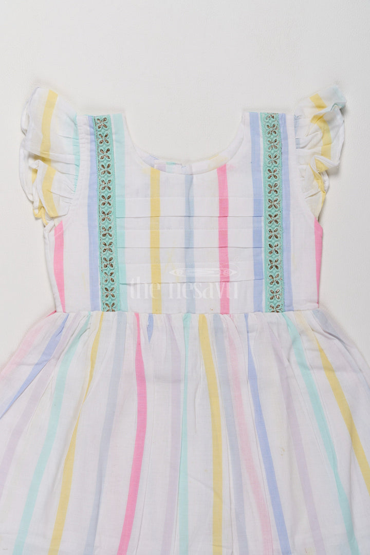 The Nesavu Girls Cotton Frock Charming Girls Short Party Frock in Pastel Stripes with Ruffled Sleeves Nesavu Pastel Striped Girls Short Party Frock Ruffles Comfortable Cotton Dress Nesavu