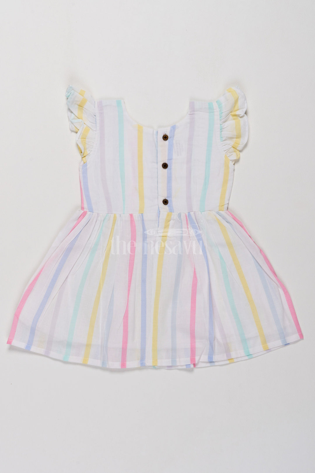 The Nesavu Girls Cotton Frock Charming Girls Short Party Frock in Pastel Stripes with Ruffled Sleeves Nesavu Pastel Striped Girls Short Party Frock Ruffles Comfortable Cotton Dress Nesavu