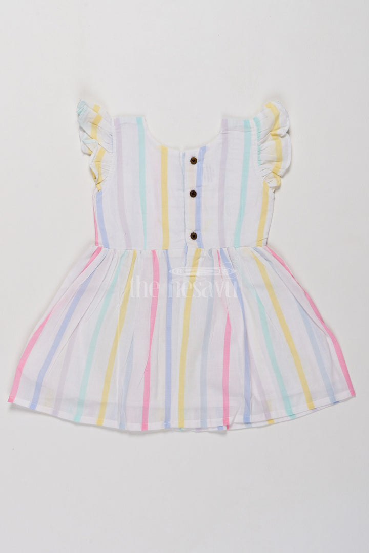 The Nesavu Girls Cotton Frock Charming Girls Short Party Frock in Pastel Stripes with Ruffled Sleeves Nesavu Pastel Striped Girls Short Party Frock Ruffles Comfortable Cotton Dress Nesavu