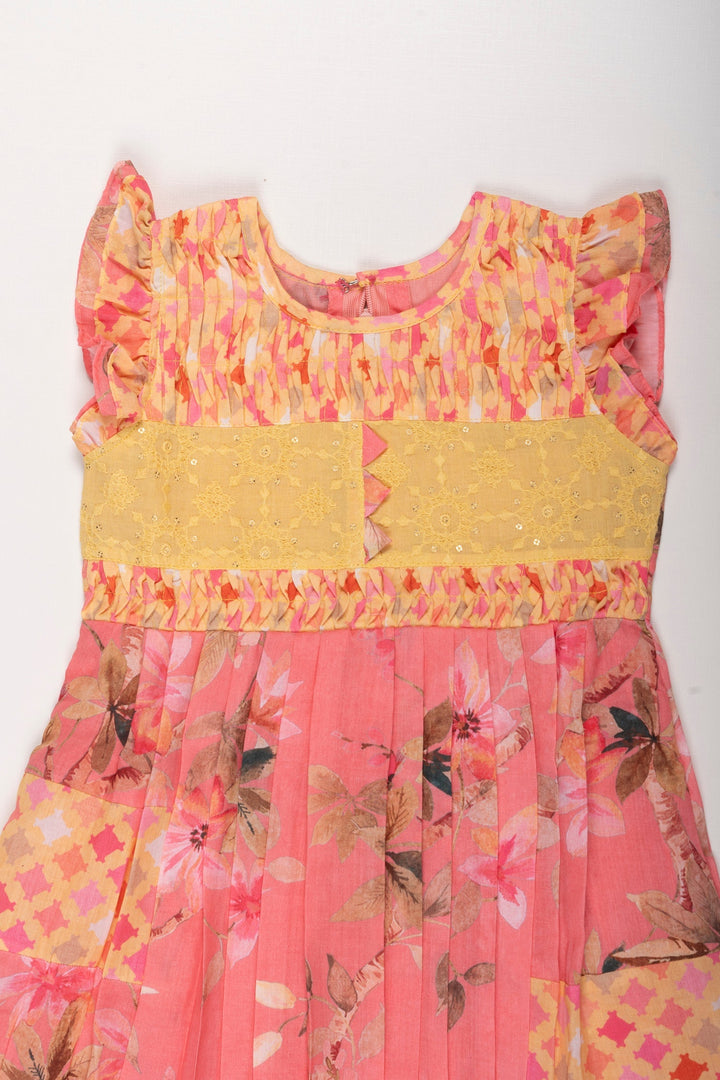 The Nesavu Girls Cotton Frock Charming Pink Cotton Floral Frock with Lace Accents for Girls Nesavu Girls Pink Floral Cotton Frock | Lace Detailed Summer Dress for Kids | The Nesavu