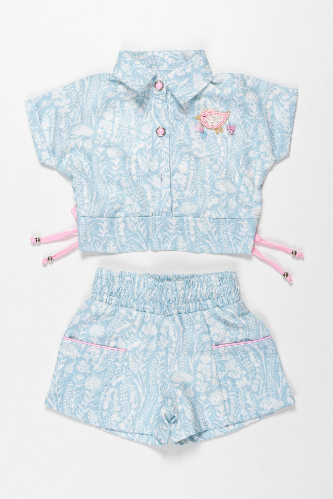 The Nesavu Baby Casual Sets Chic Blue Leaf Print Baby Girls Shirt and Shorts Set Nesavu 16 (1Y) / Blue / Cotton BFJ518A-16 Blue Leaf Baby Girl Outfit Set | Short Sleeve Shirt  Shorts | The Nesavu