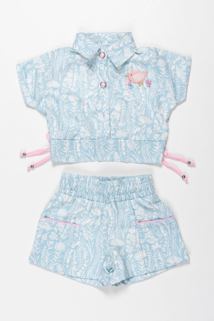 The Nesavu Baby Casual Sets Chic Blue Leaf Print Baby Girls Shirt and Shorts Set Nesavu 16 (1Y) / Blue / Cotton BFJ518A-16 Blue Leaf Baby Girl Outfit Set | Short Sleeve Shirt  Shorts | The Nesavu