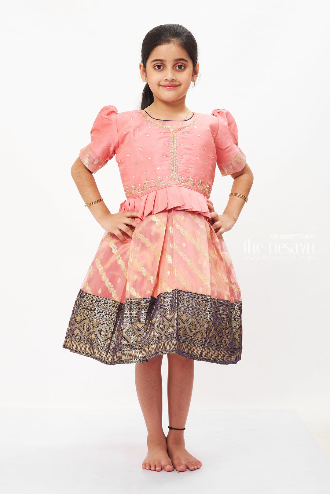 The Nesavu Silk Party Frock Chic Pink Peplum Pattu Silk Frock with Blouse for Girls - A Festive Favorite Nesavu 16 (1Y) / Pink / Blend Silk SF751A-16 Shop Luxury Pink Pattu Peplum Silk Frocks for Girls | Designer Kids Party Wear | The Nesavu
