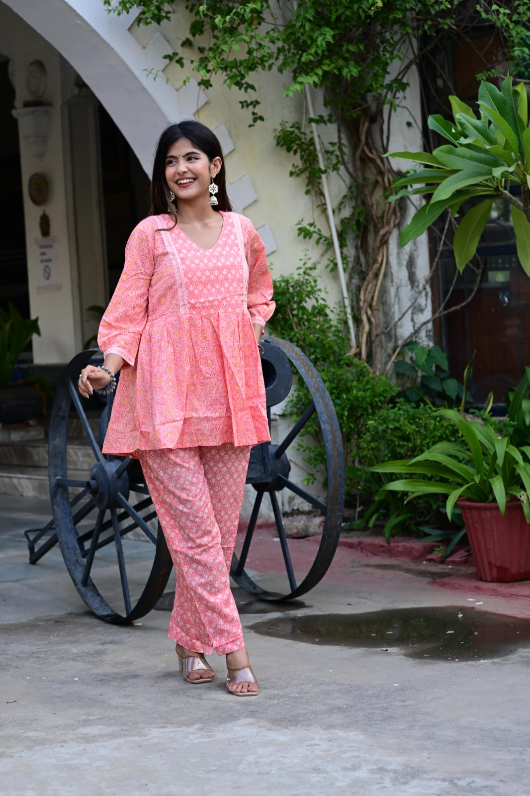 The Nesavu Womens Co-Ord Sets Chic Women’s Cotton Co-Ord Set with Vibrant Peach Top and Matching Pants Nesavu Nesavu Womens Cotton Co-Ord Set Peach Printed Top V-Neck Comfortable Pants