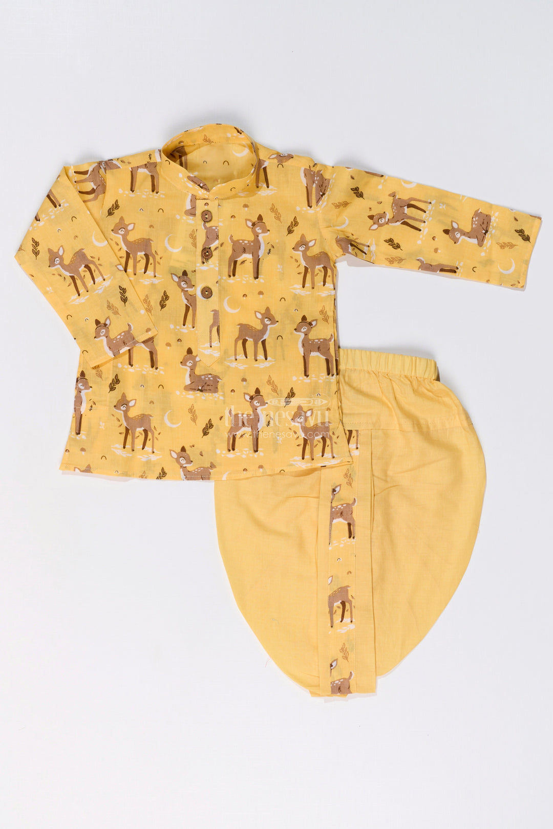 The Nesavu Boys Dothi Set Classic Boys Bengali Dhoti Kurta Set in Cotton with Deer Print for Traditional Elegance Nesavu 12 (3M) / Yellow BES659A-12 Nesavu Boys Bengali Dhoti Kurta Set Cotton Deer Print Festive Wear