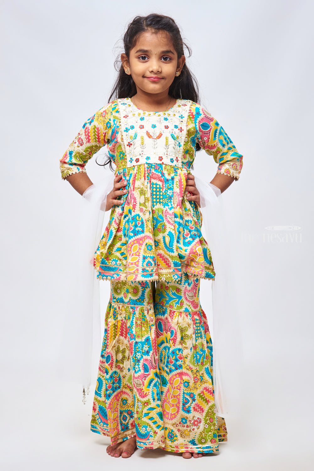 The Nesavu Girls Sharara / Plazo Set Colorful Floral Set: Exquisite Multicolored Kurti with Gharara & Dupatta - Traditional Indian Clothing for Vibrant Girls Nesavu Fashionable Girls Kurti and Gharara Collection | Stylish Kurti with Gharara for Kids | The Nesavu