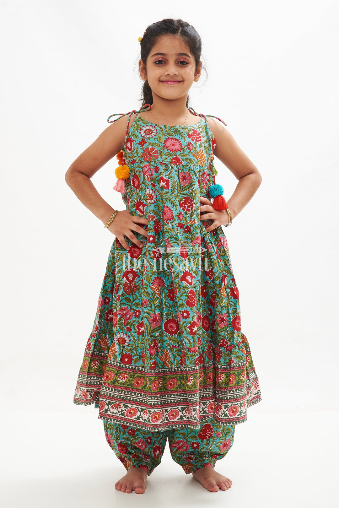The Nesavu Girls Sharara / Plazo Set Colorful Jaipur Hand Block Print Cotton Co-Ord Set for Girls’ Traditional Outfits Nesavu Colorful Jaipur Hand Block Print Cotton Co-Ord Set for Girls