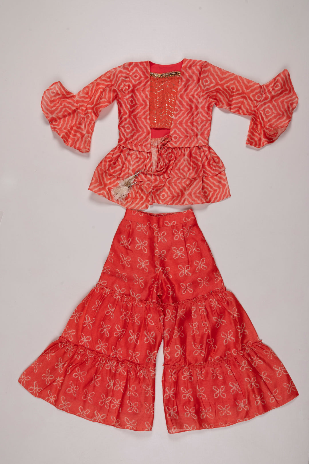 The Nesavu Girls Sharara / Plazo Set Coral Reef Flared Gharara Set with Tassel Detail for Girls Nesavu 24 (5Y) / Orange GPS254A-24 Shop Girls Coral Flared Gharara Set | Summer Festive Wear Online | The Nesavu