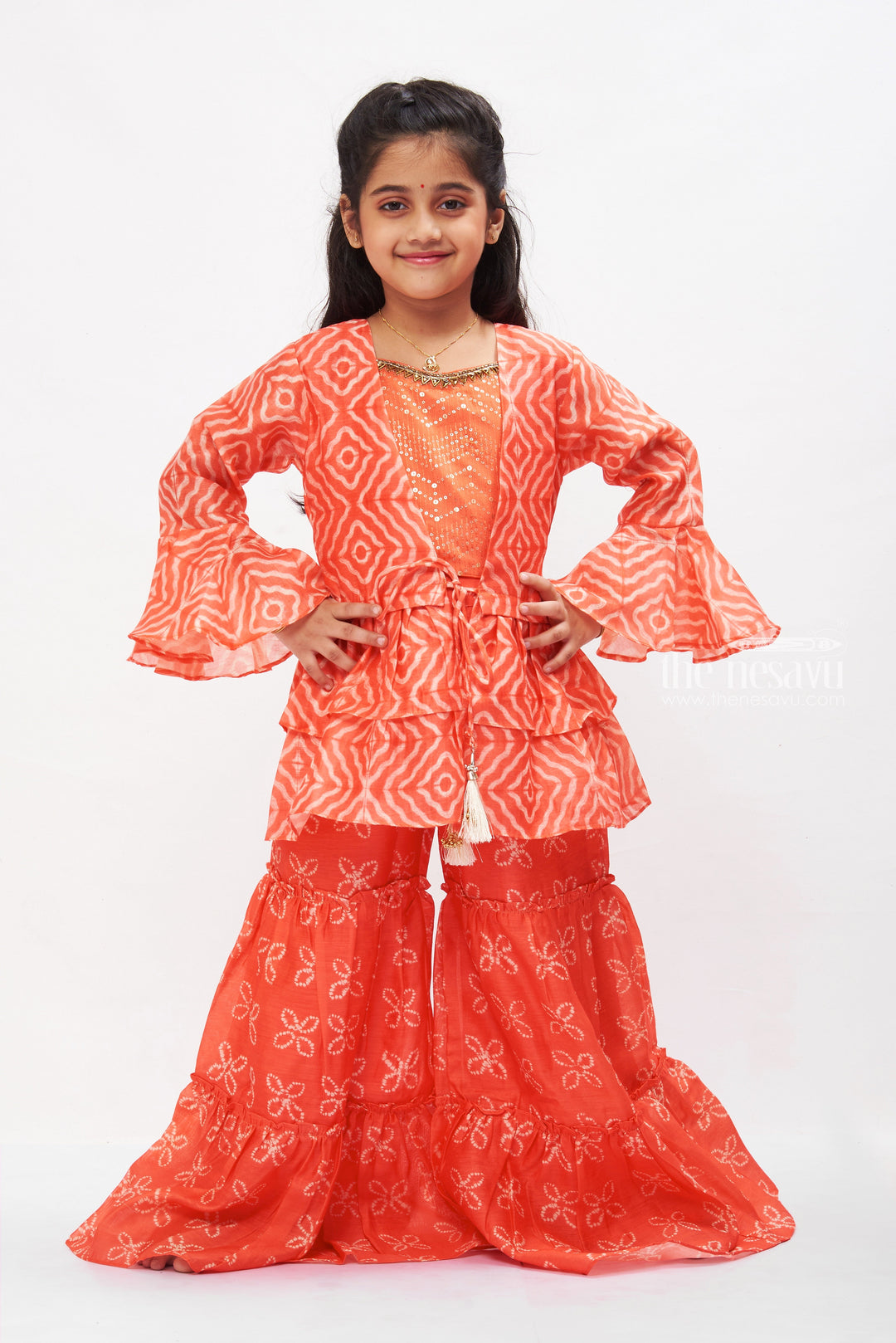 The Nesavu Girls Sharara / Plazo Set Coral Reef Flared Gharara Set with Tassel Detail for Girls Nesavu 24 (5Y) / Orange GPS254A-24 Shop Girls Coral Flared Gharara Set | Summer Festive Wear Online | The Nesavu