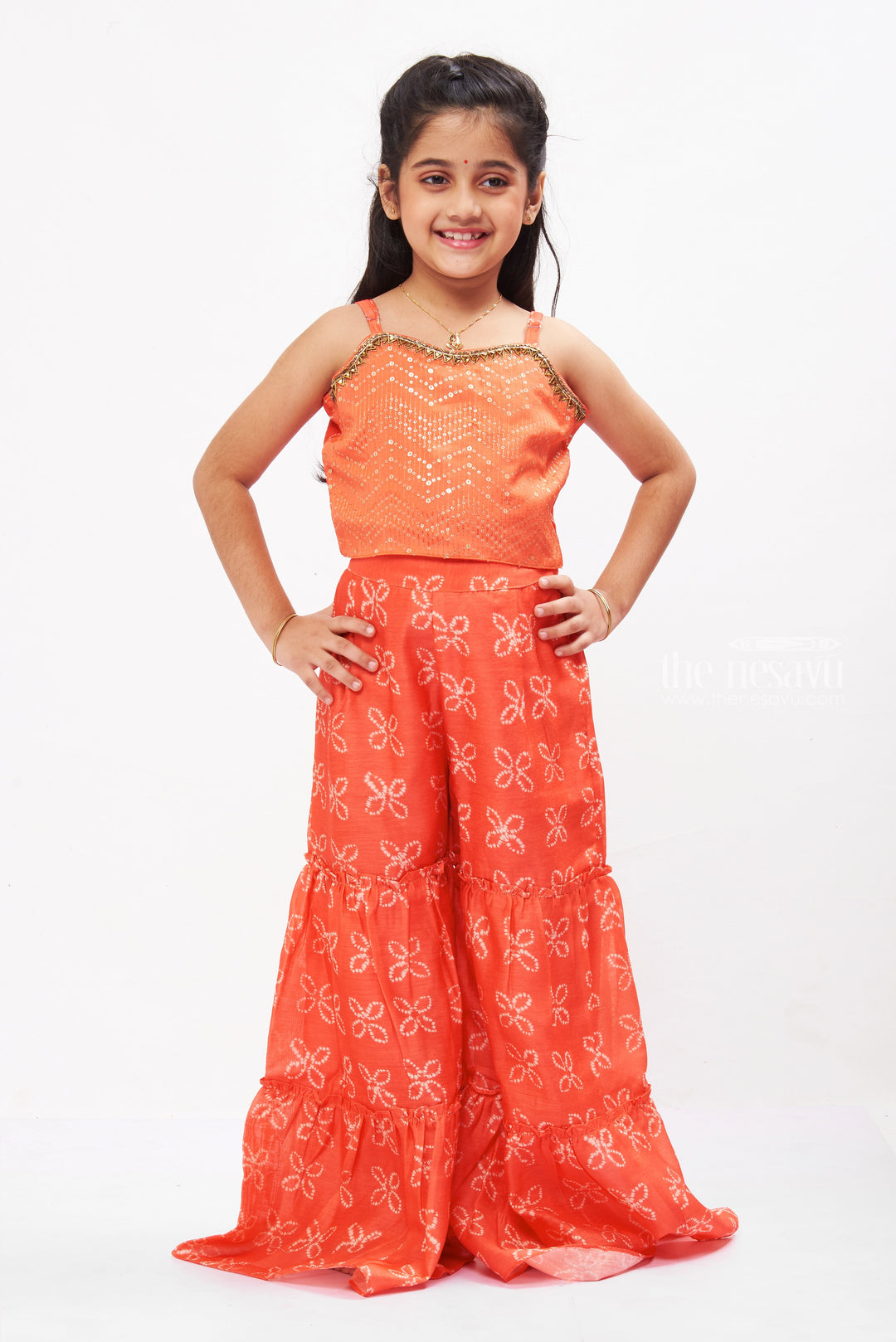 The Nesavu Girls Sharara / Plazo Set Coral Reef Flared Gharara Set with Tassel Detail for Girls Nesavu Shop Girls Coral Flared Gharara Set | Summer Festive Wear Online | The Nesavu