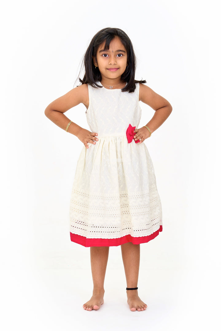 The Nesavu Girls Cotton Frock Cotton Ke Gown with Elegant Hakoba Embroidery and Red Bow for Girls Nesavu 18 (2Y) / White GFC1342C-18 Nesavu Cotton Ke Gown Girls Hakoba Embroidery Red Bow  Ideal Celebrations