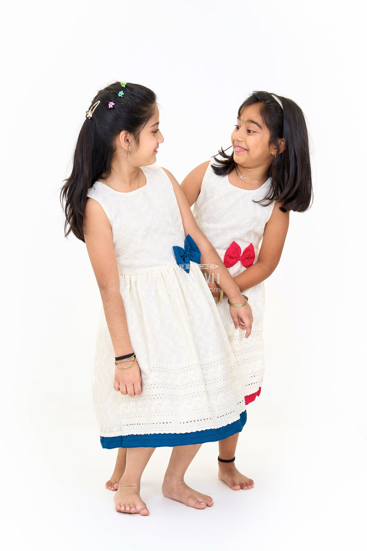 The Nesavu Girls Cotton Frock Cotton Ke Gown with Elegant Hakoba Embroidery and Red Bow for Girls Nesavu Nesavu Cotton Ke Gown Girls Hakoba Embroidery Red Bow  Ideal Celebrations