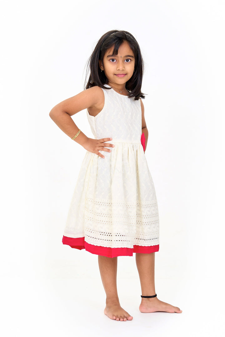 The Nesavu Girls Cotton Frock Cotton Ke Gown with Elegant Hakoba Embroidery and Red Bow for Girls Nesavu Nesavu Cotton Ke Gown Girls Hakoba Embroidery Red Bow  Ideal Celebrations