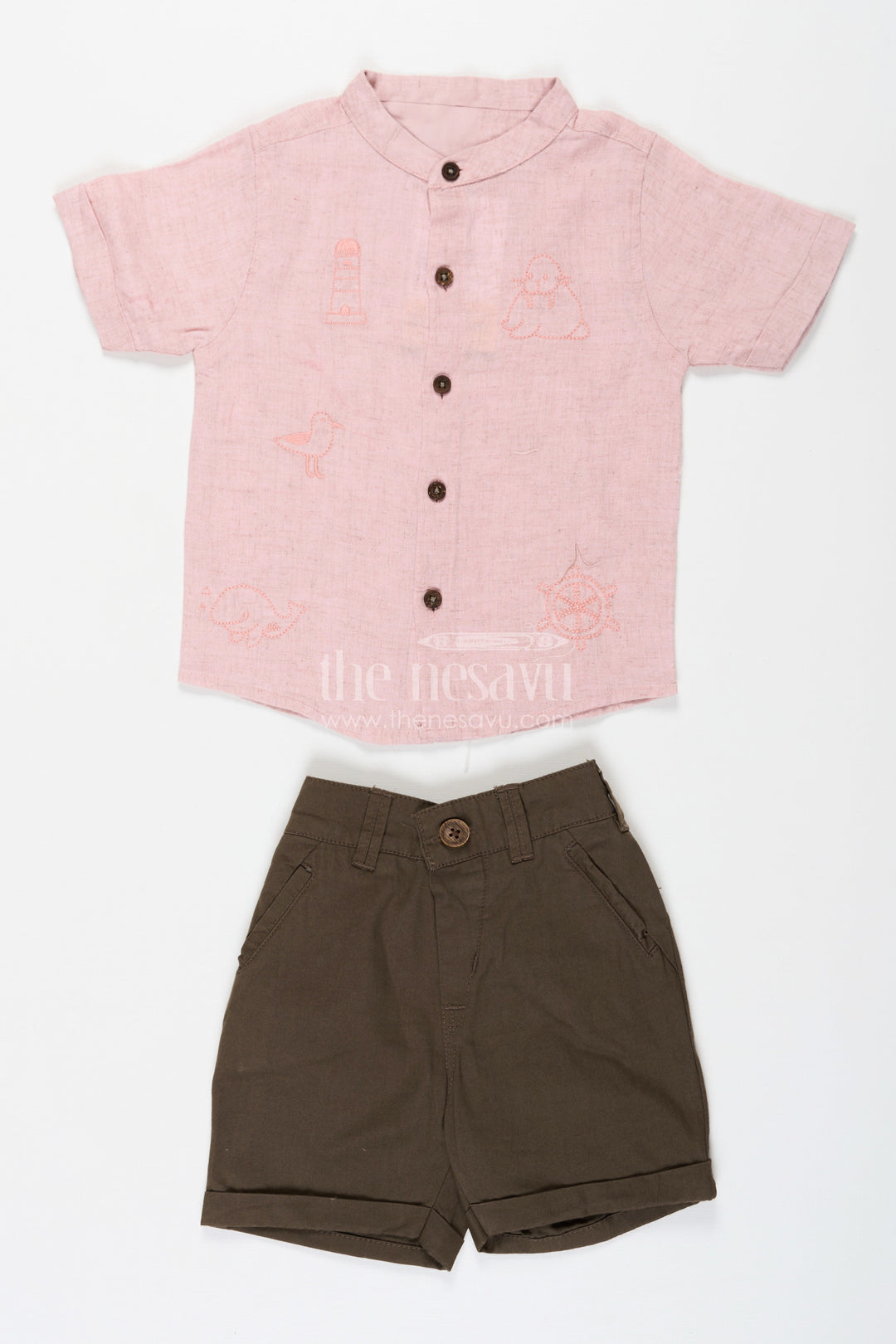 The Nesavu Boys Casual Set Cotton Set for Boys with Pink Thread Embroidered Shirt and Olive Green Shorts in Lightweight Fabric Nesavu 16 (1Y) / Pink BCS227A-16 Nesavu Cotton Set for Boys with Pink Embroidered Shirt and Olive Shorts in Lightweight Breathable Fabric