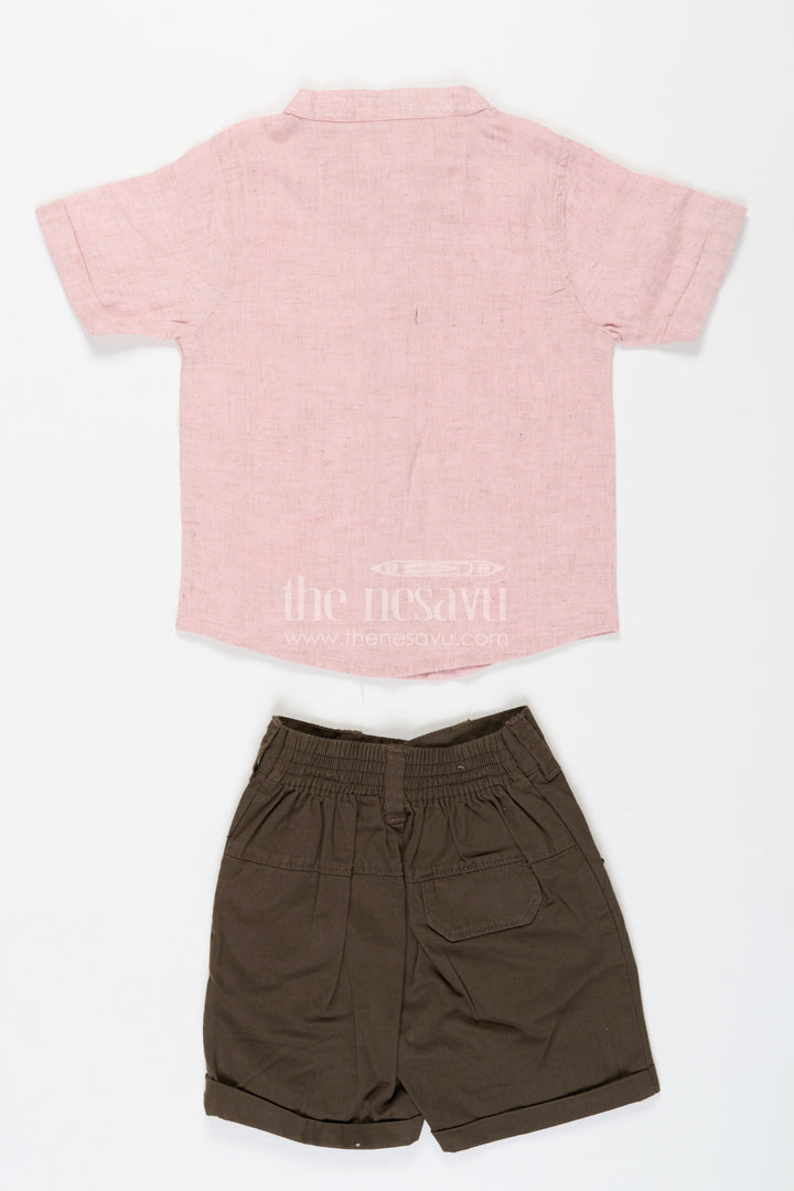 The Nesavu Boys Casual Set Cotton Set for Boys with Pink Thread Embroidered Shirt and Olive Green Shorts in Lightweight Fabric Nesavu Cotton Set for Boys with Pink Embroidered Shirt and Olive Shorts in Lightweight Breathable Fabric | The Nesavu