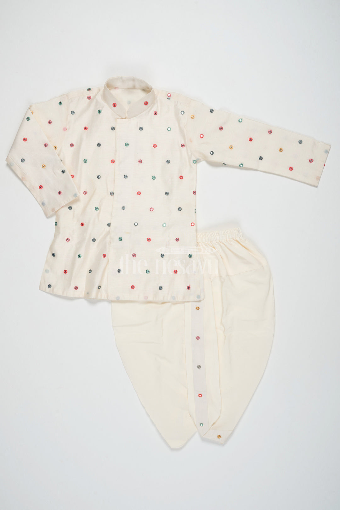 The Nesavu Boys Dothi Set Cream Blended Silk Kurta Dhoti Set for Boys with Colorful Embellishments and Mirror Work Nesavu 12 (3M) / Cream BES595A-12 Nesavu Cream Silk Kurta Dhoti Set Boys Colorful Embellishments Mirror Work Festive Occasions