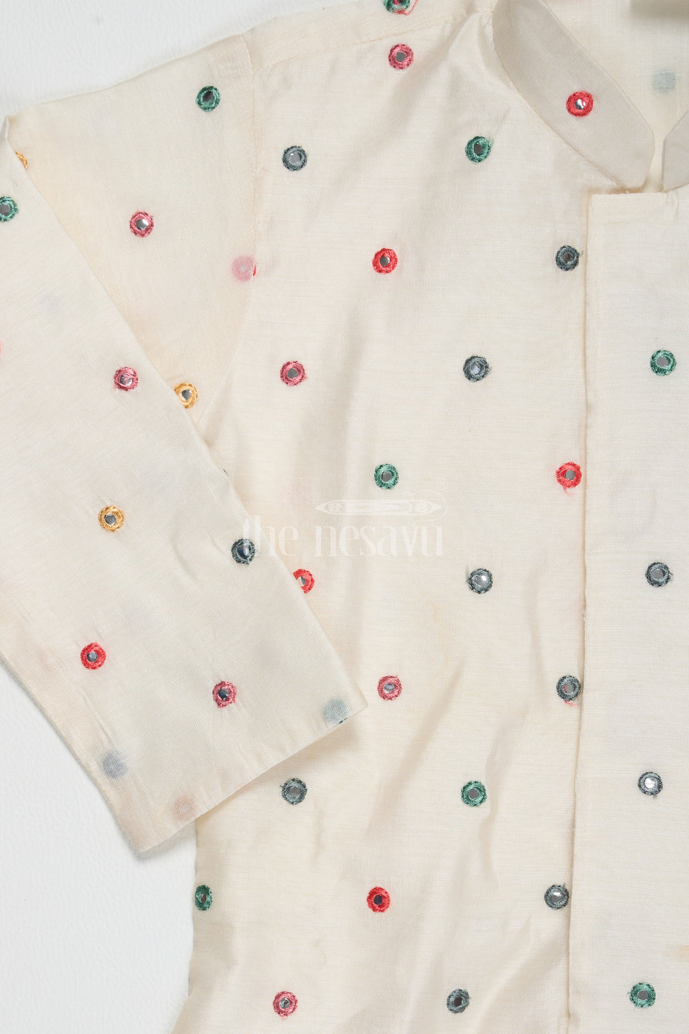 The Nesavu Boys Dothi Set Cream Blended Silk Kurta Dhoti Set for Boys with Colorful Embellishments and Mirror Work Nesavu Nesavu Cream Silk Kurta Dhoti Set Boys Colorful Embellishments Mirror Work Festive Occasions