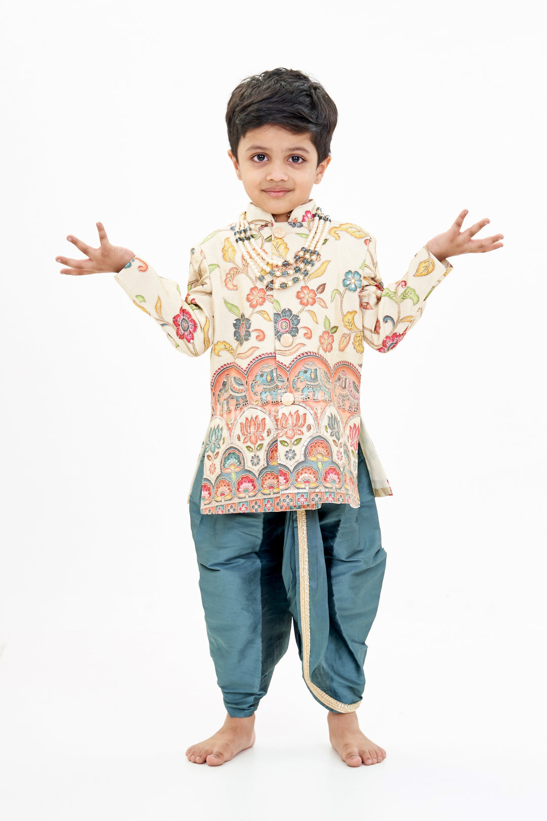 The Nesavu Boys Sherwani Cream Sherwani with Royal Digital Print and Teal Dhoti for Boys Festive Wear Nesavu 14 (6M) / Cream BES636B-14 Nesavu Boys Cream Sherwani Royal Digital Print Teal Dhoti Special Occasions