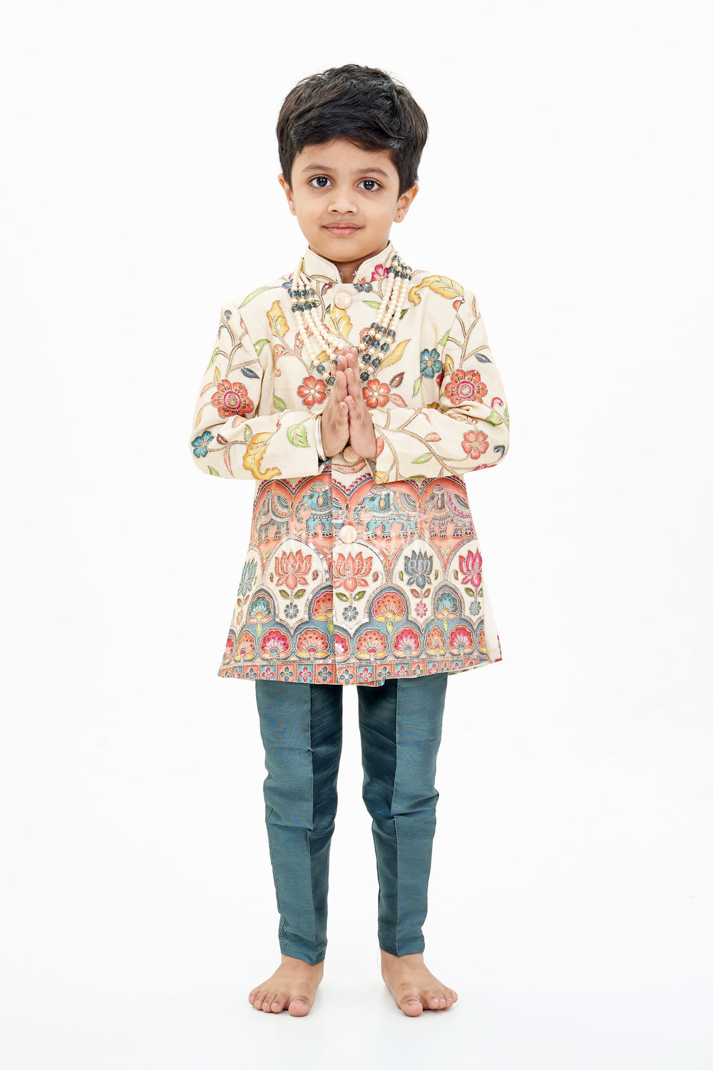 The Nesavu Boys Sherwani Cream Sherwani with Royal Digital Print and Teal Dhoti for Boys Festive Wear Nesavu Nesavu Boys Cream Sherwani Royal Digital Print Teal Dhoti Special Occasions