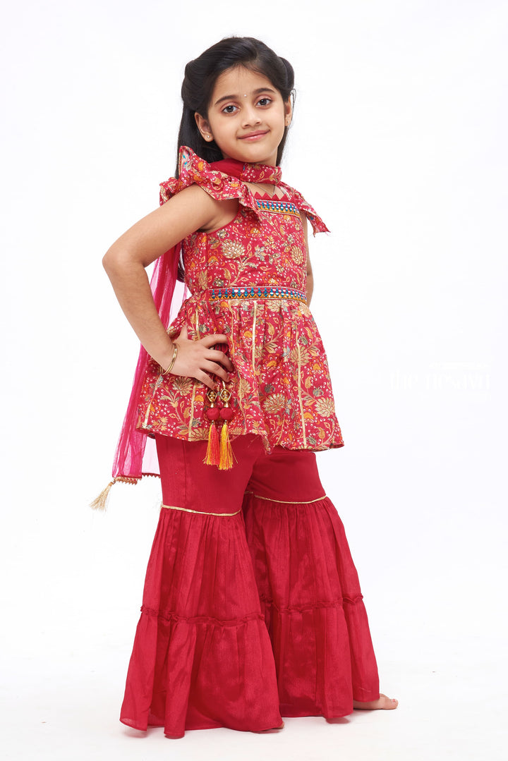 The Nesavu Girls Sharara / Plazo Set Crimson Blossom: Girls Kurti with Gharara Pant and Dupatta Set Nesavu Festive Gharara outfits for young girl | Girls top with Gharara pant set | The Nesavu