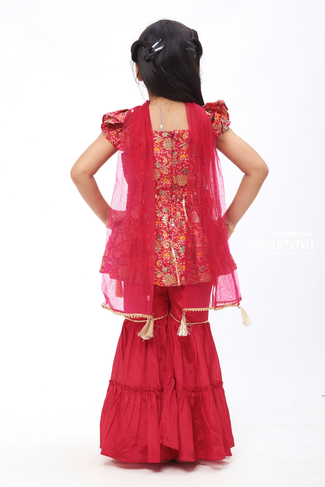 The Nesavu Girls Sharara / Plazo Set Crimson Blossom: Girls Kurti with Gharara Pant and Dupatta Set Nesavu Festive Gharara outfits for young girl | Girls top with Gharara pant set | The Nesavu