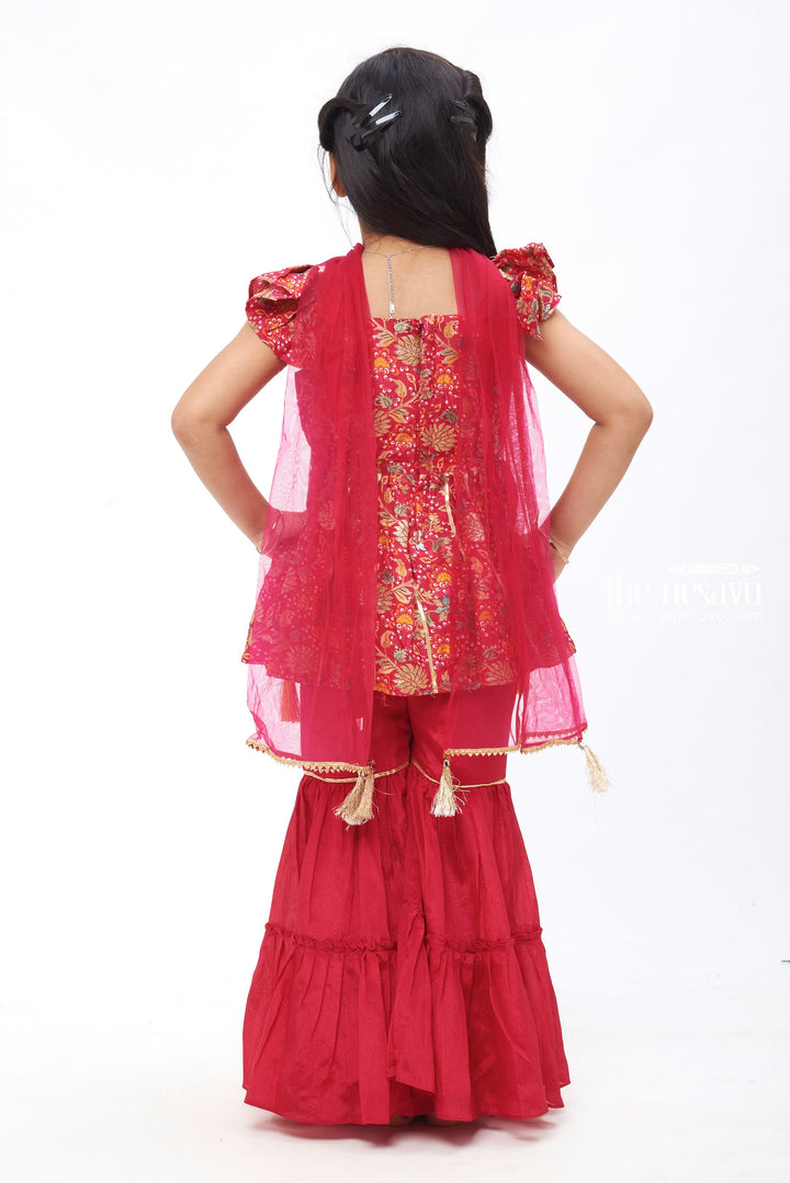 The Nesavu Girls Sharara / Plazo Set Crimson Blossom: Girls Kurti with Gharara Pant and Dupatta Set Nesavu Festive Gharara outfits for young girl | Girls top with Gharara pant set | The Nesavu