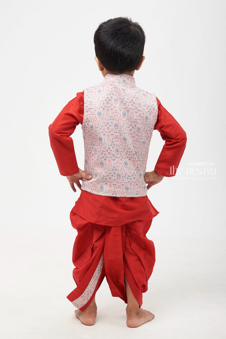The Nesavu Boys Jacket Sets Crimson Craftsmanship: Resham Jacket Highlight with Red Kurta & Panchagajam Set for Boys Nesavu Elegant Boys Ethnic Wear | Comfortable Boys Kurta Dhoti Set | The Nesavu
