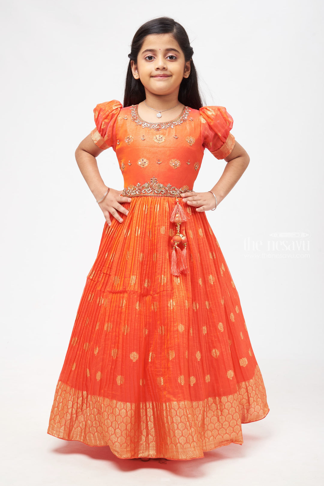 The Nesavu Girls Silk Gown Crimson Elegance: Orange Anarkali with Gilded Accents and Tassel Detailing Nesavu 24 (5Y) / Orange / Organza GA177A-24 Royal Affair: Anarkali Gowns for Timeless Grace | The Nesavu