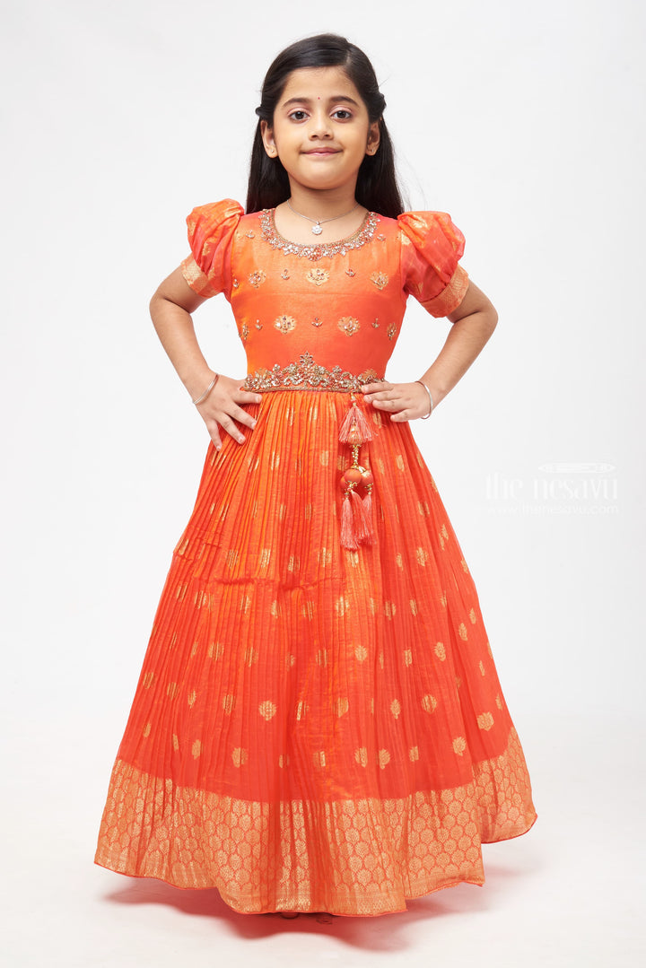The Nesavu Girls Silk Gown Crimson Elegance: Orange Anarkali with Gilded Accents and Tassel Detailing Nesavu 24 (5Y) / Orange / Organza GA177A-24 Royal Affair: Anarkali Gowns for Timeless Grace | The Nesavu