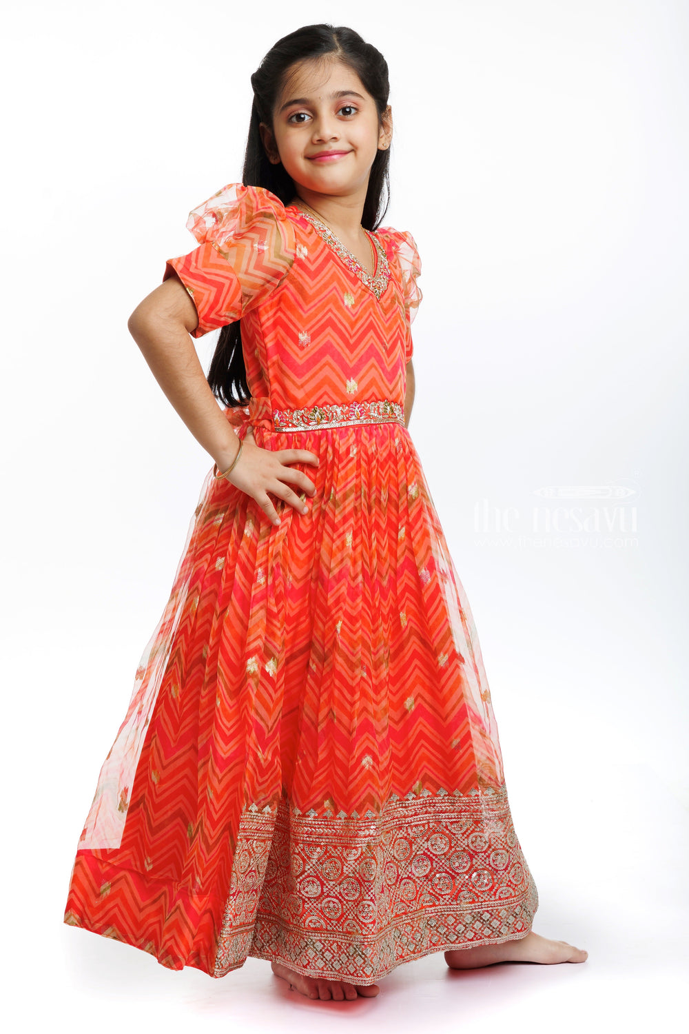 The Nesavu Girls Party Gown Crimson Waves Embellished Anarkali Gown for Girls Nesavu Embellished Red Anarkali Gown for Girls | Elegant Kids' Party Wear | The Nesavu