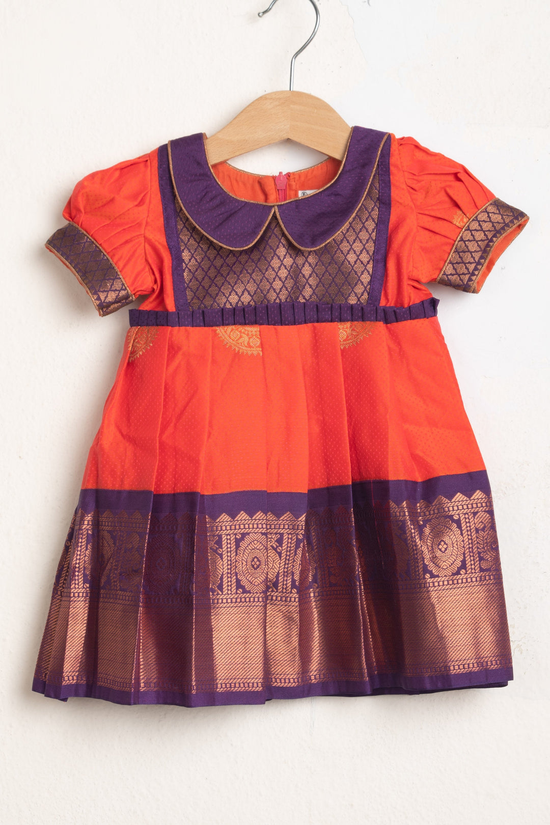 The Nesavu Girls Kanchi Silk Frock Dark Blue And Pink Semi-Silk Frock With Ruffled Sleeves And Peter Pan Collar Nesavu 14 (6M) / Orange / Kanchi Silk SF504A-14 Ruffled Sleeves Silk Frock Collection| Fresh Arrival| The Nesavu
