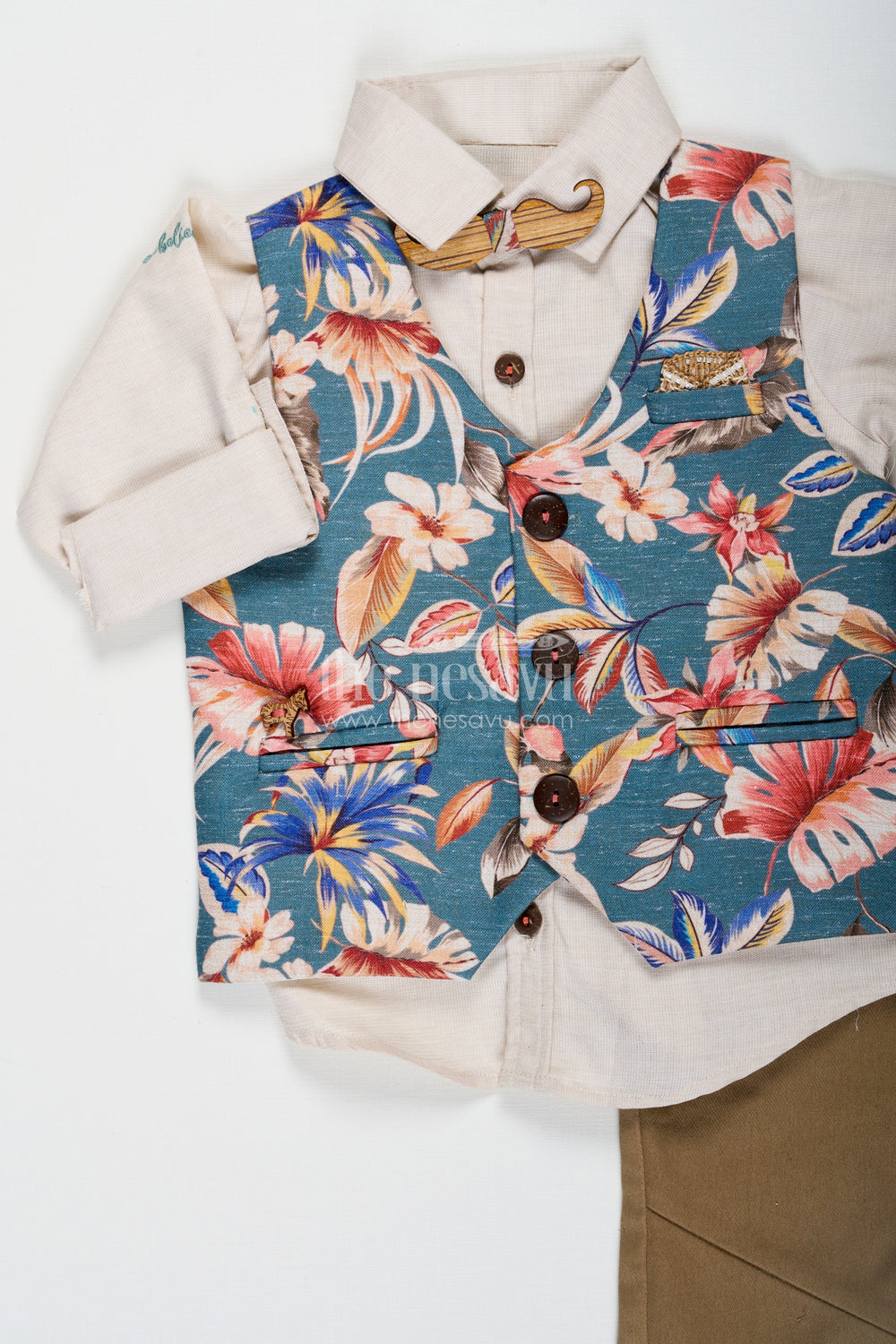 The Nesavu Boys Jacket Sets Designer Shirt Set for Boys with Cream Shirt and Green Floral Digital Print Jacket in Cotton Blend and Olive Bottoms Nesavu Designer Shirt Boys Jacket Set with Green Floral Print and Cotton Blend Fabric for Everyday Sophistication | The Nesavu