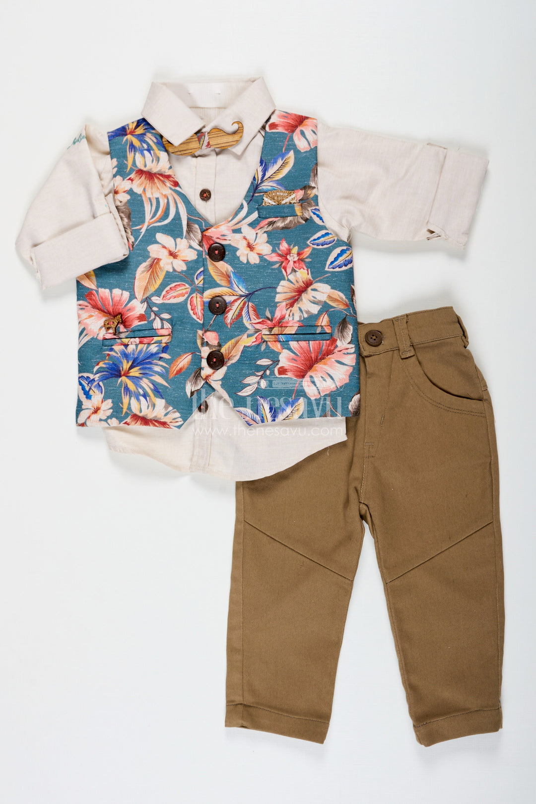 The Nesavu Boys Jacket Sets Designer Shirt Set for Boys with Cream Shirt and Green Floral Digital Print Jacket in Cotton Blend and Olive Bottoms Nesavu Designer Shirt Boys Jacket Set with Green Floral Print and Cotton Blend Fabric for Everyday Sophistication | The Nesavu