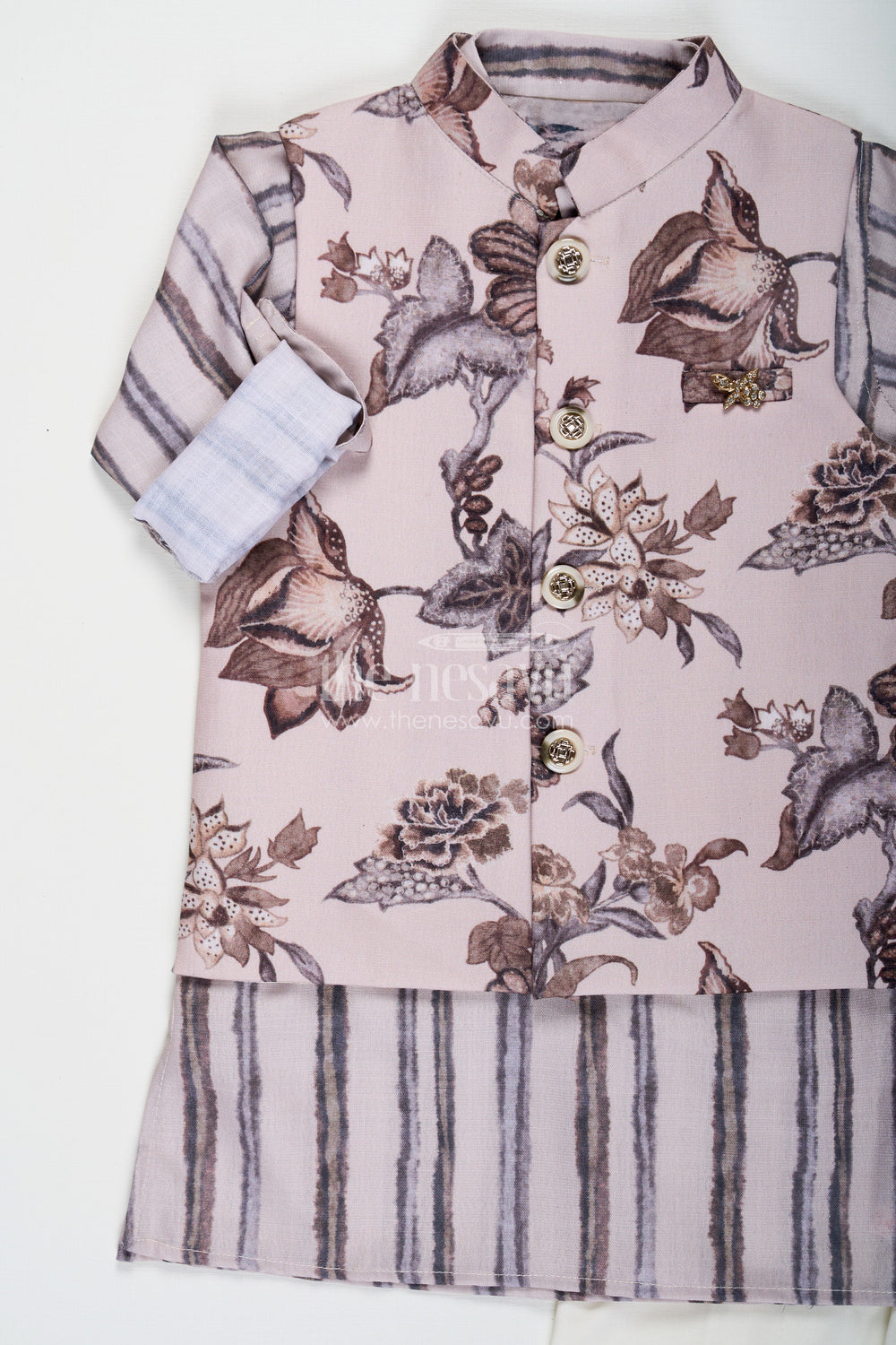 The Nesavu Boys Jacket Sets Designer Shirt Set for Boys with Cream Shirt and Green Floral Digital Print Jacket in Cotton Blend and Olive Bottoms Nesavu Nesavu Designer Shirt Boys Jacket Set with Green Floral Print and Cotton Blend Fabric for Everyday Sophistication