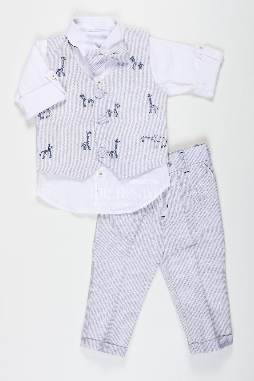 The Nesavu Boys Jacket Sets Designers Shirts for Boys with Striped Animal Print Jacket in Soft Cotton and Matching Pants for Modern Style Nesavu 16 (1Y) / Gray BCS224A-16 Nesavu Designers Shirts Set for Boys with Cotton Animal Digital Print Jacket and Striped Pants