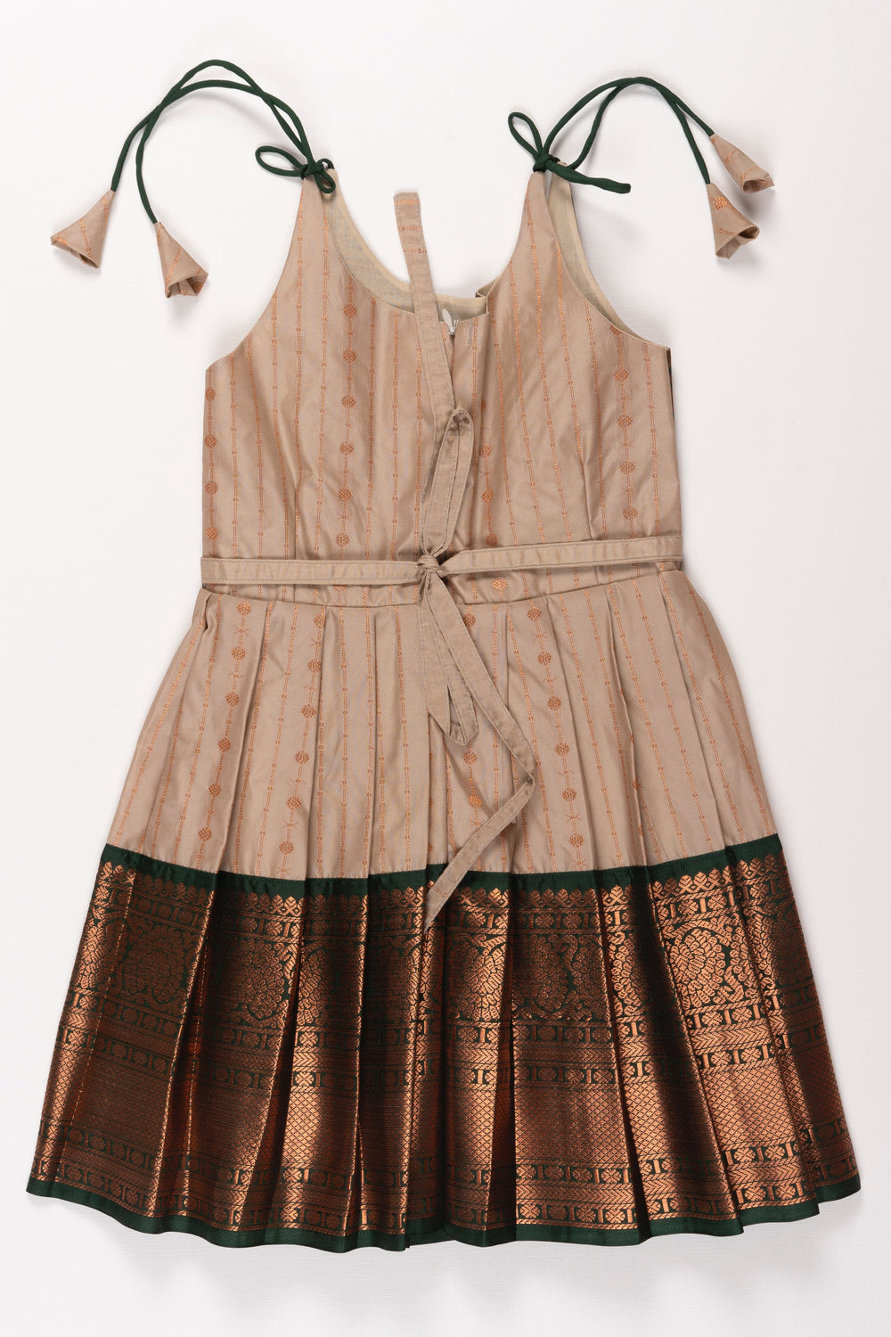 The Nesavu Tie Up Frock Elegant Beige and Green Silk Tie-up Frock for Girls Nesavu Beige and Green Silk Frock for Girls | Elegant Tie-Up Design | Festive & Elegant Wear