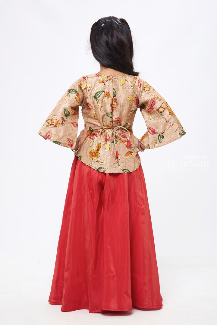 The Nesavu Girls Sharara / Plazo Set Elegant Blush: Girls Floral-Printed Beige Kurti and Deep Maroon Palazzo Set Nesavu Floral-Printed Kurti and Palazzo Set | Traditional Meets Contemporary Kids Wear | The Nesavu