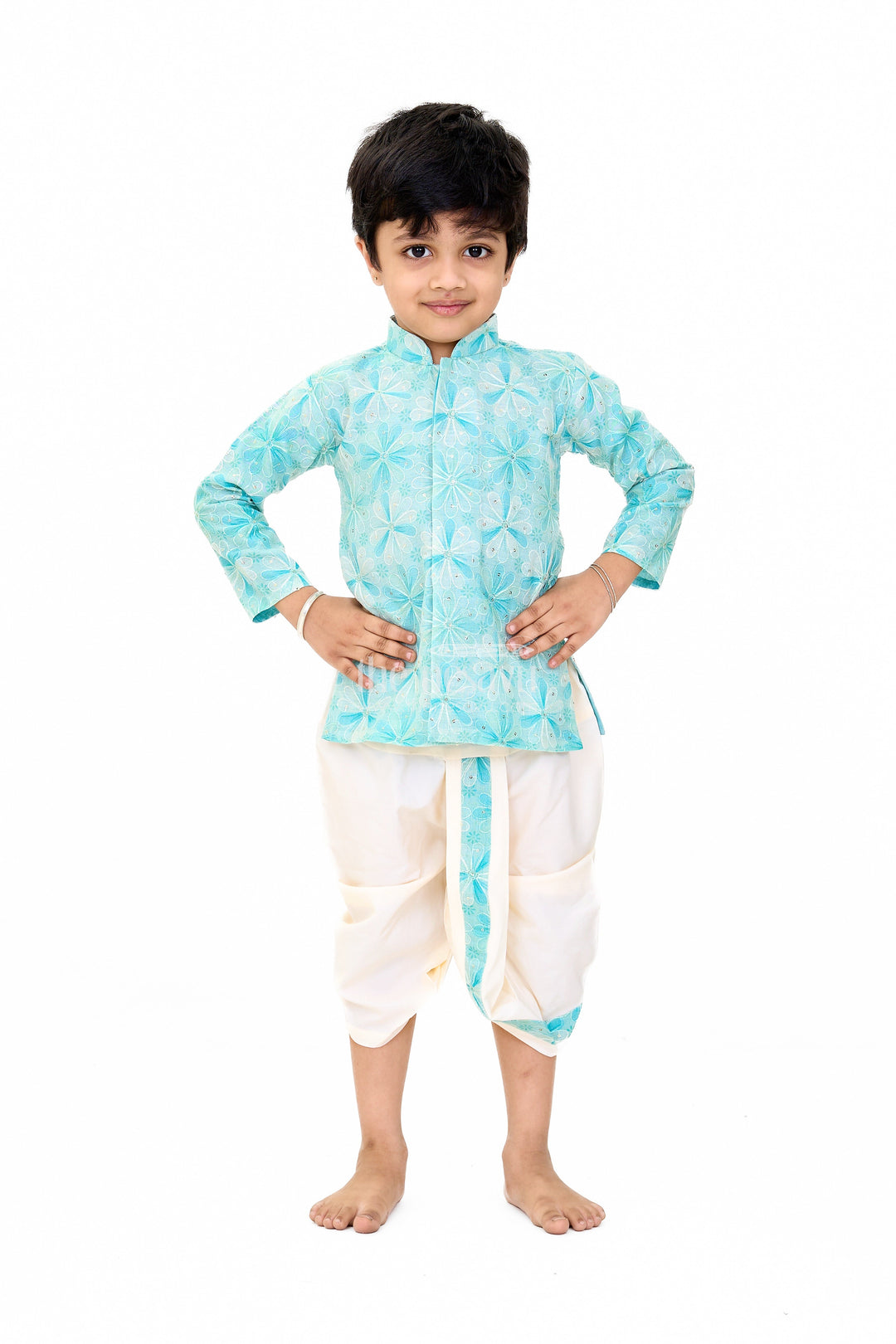The Nesavu Boys Dothi Set Elegant Boys Green Dhoti Kurta Wedding Set with Floral Embroidery Nesavu 10 (NB) / Green BES623A-10 Nesavu Boys Green Dhoti Kurta Set Floral Embroidery Weddings
